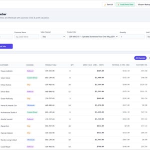 May include: A digital multi-channel sales and order tracker dashboard interface featuring a log new customer order form and an order ledger table with columns for date, order ID, customer, channel, product SKU, quantity, and profit metrics.
