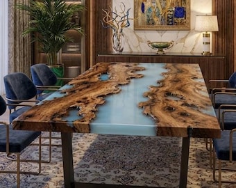 Handmade Olive Wood Epoxy River Dining Table, Live Edge Conference Furniture