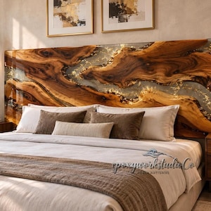 Handcrafted Walnut Epoxy River Bedhead, Smoky Grey Gold Shimmer, Luxury Bedroom Furniture