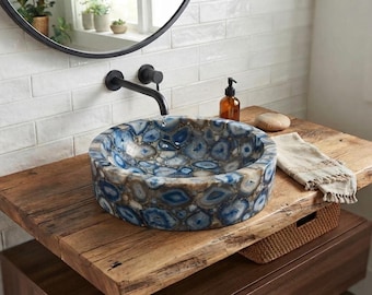 Hand-Carved Blue Agate Vessel Sink, Natural Stone Bathroom Basin