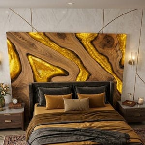 May include: A bedroom featuring a large, rectangular headboard made of natural wood with glowing, translucent amber resin inlays. The bed is dressed in mustard yellow and dark gray bedding, flanked by two wooden nightstands with marble tops.