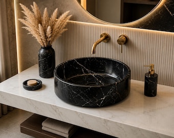 Handcrafted Black Marble Round Vessel Sink, Natural Stone Basin, Modern Bathroom Decor
