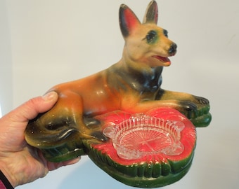Rare Carnival Chalk German Shepard Ashtray Holder, 1930's Dog Sculpture, FREE PRIORITY SHIPPING!!