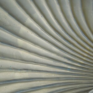 May include: A close-up of a textured, light gray surface with a fan-like pattern. The surface has a subtle sheen and appears to be made of metal.