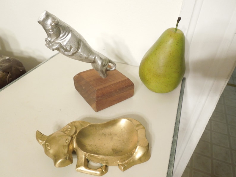 Aluminum Raging Bull Sculpture Brass Bull Ring Dish FREE PRIORITY SHIPPING!! Two Vintage Unique Bulls