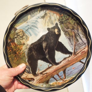 May include: A round metal tray with a black rim and a gold trim. The tray features a colorful illustration of a black bear standing on a log in a forest setting with a waterfall in the background. The text "James L.  Ayres" is printed on the bottom right corner of the tray.