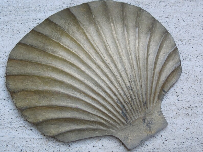 May include: A large, gold-colored seashell with a detailed, ribbed texture. The shell is slightly open, revealing the inside.