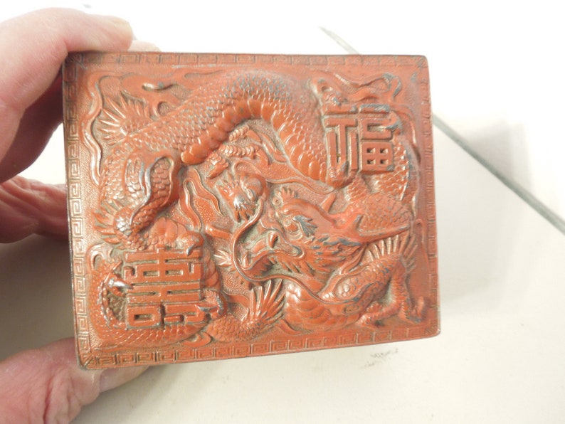 Chinese Dragon Lead Jewelry Box Unique Stash Lid Box Vintage Red Dragon Keepsake Box