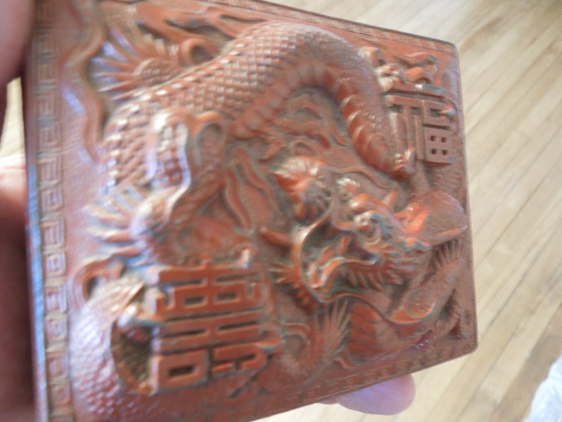 Chinese Dragon Lead Jewelry Box Unique Stash Lid Box Vintage Red Dragon Keepsake Box