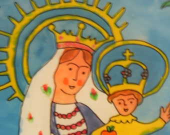 Rare Madonna With Child Reverse Painting On Glass Folk Art, Christian Religious Icon, Nursery Decor, FREE PRIORITY SHIPPING!!!
