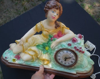 Large Rare Beauty Salon Decor, Yellow Dress Female Plaster Lanshire Electric Mantle Clock, FREE SHIPPING!!