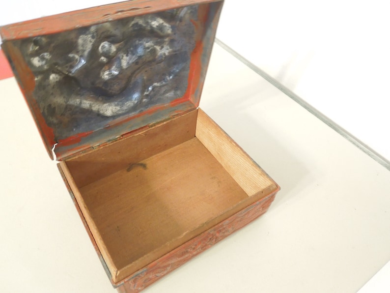 Chinese Dragon Lead Jewelry Box Unique Stash Lid Box Vintage Red Dragon Keepsake Box