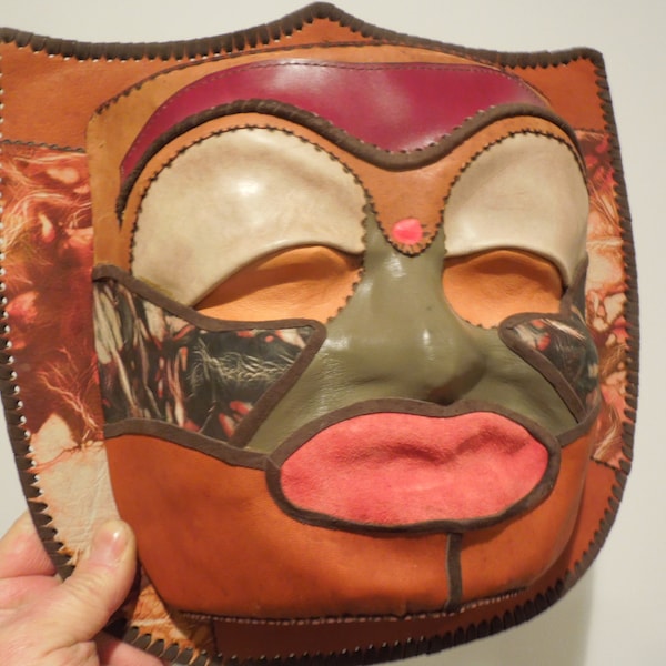 Rare Handmade Leather And Fabric Wall Mask, Meditation Decor, Third Eye Of Intellect, FREE PRIORITY SHIPPING!!