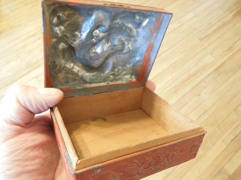 Chinese Dragon Lead Jewelry Box Unique Stash Lid Box Vintage Red Dragon Keepsake Box