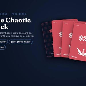 May include: The Chaotic Deck set features red cards with white text displaying $22, the word Wild, and a crown icon. Text includes Pacesavings, Pace Decks, The Chaotic Deck, instructions to shuffle and draw, plus options for Printable PDF, Letter, A4, and $500-$2,500.