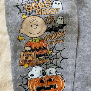 May include: A heather gray sweatshirt featuring a graphic of Charlie Brown in a pumpkin costume holding a trick or treat bag and Snoopy resting on a jack-o'-lantern. The text reads GOOD GRIEF IT'S SPOOKY SEASON. Includes spiderwebs, stars, ghosts, and bats.