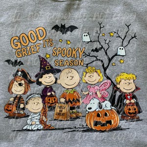 May include: A heather gray sweatshirt featuring a graphic print of Peanuts characters in Halloween costumes. The text reads "GOOD GRIEF ITS SPOOKY SEASON" and "TRICK OR TREAT" on a bag. Characters include a pirate, witch, mummy, fairy, and vampire.