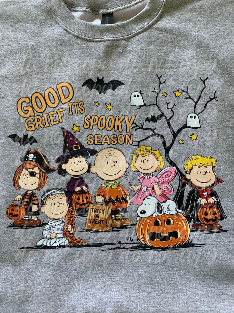 May include: A heather gray sweatshirt featuring a graphic print of Peanuts characters in Halloween costumes. The text reads "GOOD GRIEF ITS SPOOKY SEASON" and "TRICK OR TREAT" on a bag. Characters include a pirate, witch, mummy, fairy, and vampire.