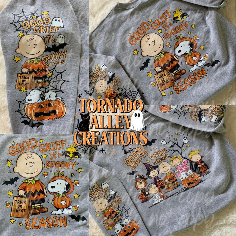 May include: A heather gray sweatshirt featuring a repeating Halloween-themed graphic print of cartoon characters, pumpkins, ghosts, and spiderwebs. The text reads Good Grief It's Spooky Season and Tornado Alley Creations in orange and black lettering.