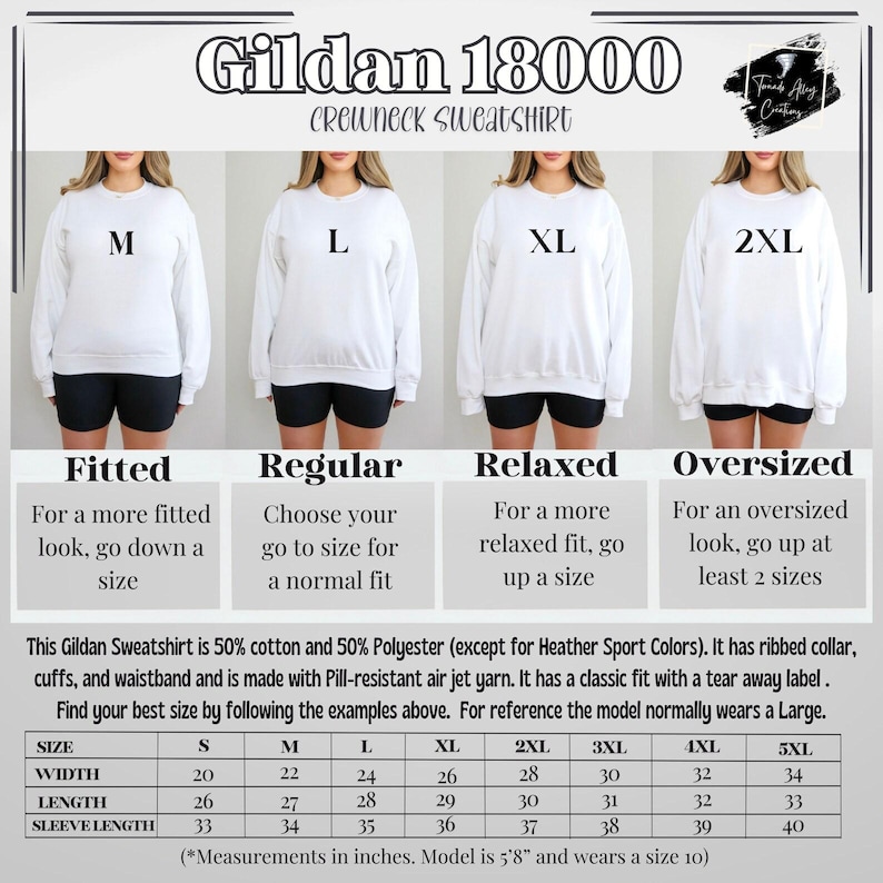 May include: A Gildan 18000 crewneck sweatshirt size chart featuring four white sweatshirts labeled M, L, XL, and 2XL. The chart includes fit descriptions, fabric composition, and a table with width, length, and sleeve length measurements in inches.