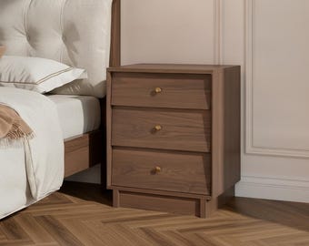 Mid Century Modern Walnut Nightstand with Charging Station, 3 Drawer Bedside Table