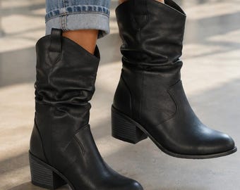 Black Slouch Boots for Women, Mid Calf Western Boots, Round Toe Booties, 1.18-1.97 Inch Block Heel, Synthetic Leather Casual Fall Shoes