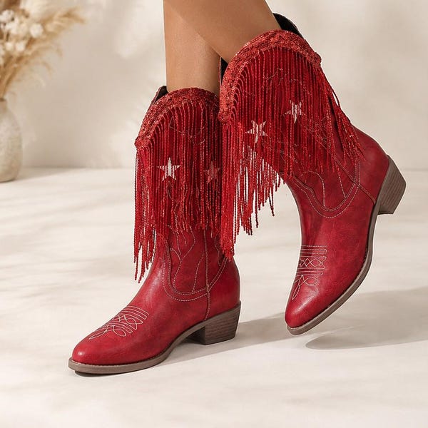 Rode cowboylaarzen met franjes voor dames, western enkellaarzen van PU-leer, halfhoge laarzen, boho cowgirl laarzen, geborduurde western laarzen met blokhak.
