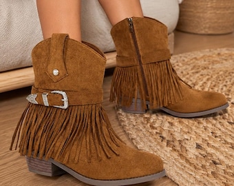 Botines de ante con flecos para mujer, estilo vaquero occidental, botines de tacón bajo, botas cortas estilo boho, botas marrones, forro de algodón, zapatos casuales de otoño.