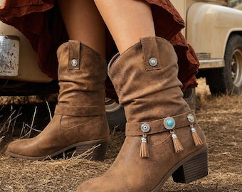 Brown Western Boots for Women, Turquoise Tassel Mid-Calf Cowgirl Boots, Round Toe Low Heel PU Faux Leather Boho Festival Shoes, Fabric Lined
