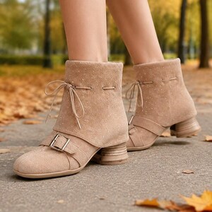 Beige Rhinestone Ankle Boots for Women, Coated Split Leather High Heel Booties, Sparkly Buckle Lace Up Shoes, Fall Winter Statement Boots