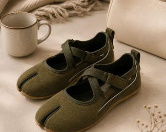 Women Olive Green Split Toe Mary Jane Flats Tabi Ballet Shoes Microfiber Suede Crisscross Strap Soft Flat Shoes Minimalist Work Shoes Sale