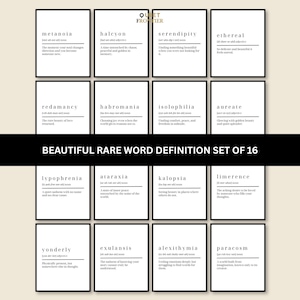 Peut inclure: Un ensemble de 16 affiches murales rectangulaires blanches présentant des définitions de mots rares en texte noir, dont metanoia, halcyon et serendipity. Chaque affiche indique le mot, la prononciation, la nature et une courte définition.