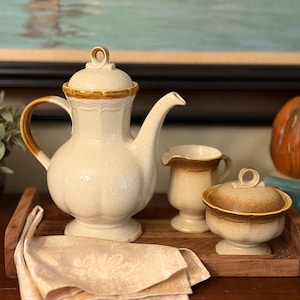 Vintage Mikasa Garden Club Stoneware Coffee Pot Set, Creamer and Sugar Bowl