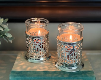 Vintage Silver Filigree Hurricane Candle Holders, Set of 2 Married Glass Votive Sleeves