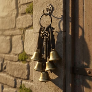 May include: A decorative wall-mounted metal hook holding a circular ring adorned with five brass-colored bells and a central ornate skeleton key. Black fabric ribbons are tied to the ring, suspending the bells and the key in a vertical arrangement.