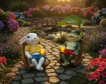 Solar Frog and Bunny Garden Statue – Whimsical Resin Animal Figures for Patio Decor