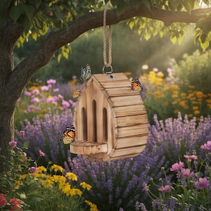 May include: A wooden butterfly house with a rounded, slatted roof and a small landing platform. The structure features vertical entry slits and is suspended by a thick rope. Several monarch butterflies are perched on the exterior wood.
