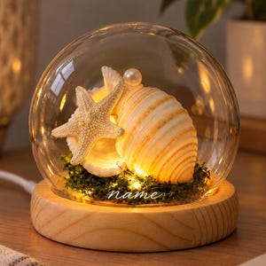 Conch and Starfish Glass Globe Night Light, Custom Name or Date Printed on Glass, Warm Coastal Table Decor