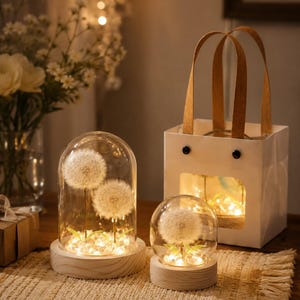 Peut inclure: Deux dômes en verre sur des bases en bois clair contenant des têtes de pissenlit et des guirlandes lumineuses LED chaudes. À côté se trouve un sac cadeau en papier blanc avec des anses marron et une fenêtre, éclairé par des lumières LED.
