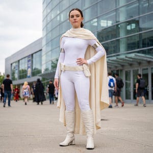Könnte beinhalten: Ein weißer Langarm-Body und eine passende weiße Leggings kombiniert mit einem cremefarbenen, strukturierten Umhang. Das Outfit umfasst einen cremefarbenen Utility-Gürtel mit Taschen, silberne Armmanschetten und weiße, gesteppte Kniestiefel.