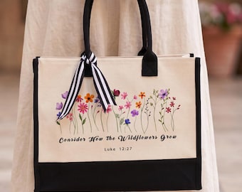 Consider How the Wildflowers Grow Tote Bag, Personalized Religious Canvas Tote Bag, Faith Tote Bag, Bible Verse Tote Bag, Christian Tote Bag