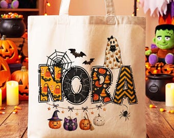 Personalized Trick-Or-Treat Bag, School Halloween Kids Gift, Custom Retro Halloween Canvas Tote Bag, Toddler Goodie Food Basket Bag Monogram