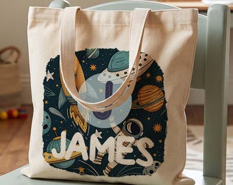 Library Bag for Kids Children Book Bag, Kids Name Tote Bag, Custom Back to School Bag, Personalized Kids School Tote With Rainbow Dinosaur