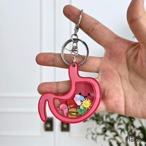 May include: A pink stomach-shaped shaker keychain featuring a smiling face and filled with small, loose charms including a hamburger, broccoli, a pill, a red sphere, and a small pink stomach figure, all attached to a silver-toned metal keyring.