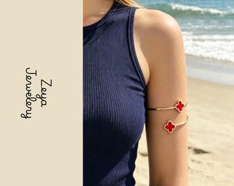 Gold Clover Arm Cuff Bracelet Red Enamel Open Upper Arm Bangle Boho Jewelry