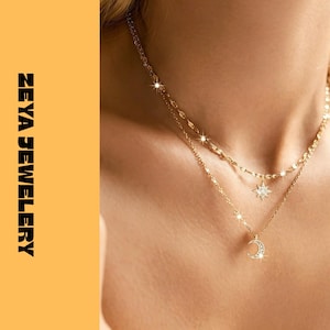 Set de Collar Celestial en Capas Dorado con Colgantes de Luna y Estrella Collar Delicado