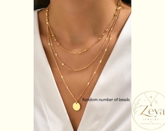 Gouden gelaagde schijfhanger ketting met kralenketting, minimalistische, verfijnde sieraden