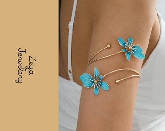 Blue Flower Arm Cuff Bracelet Gold Floral Upper Arm Bangle
