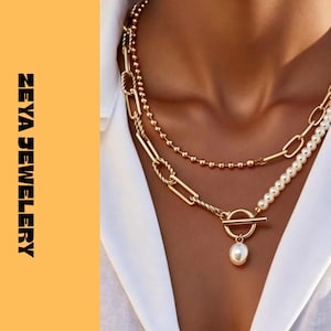 Goldene Perlen-Toggle-Halskette mit mehrlagiger Paperclip-Kette, Statement-Halskette