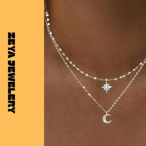 Set de Collar Celestial en Capas con Estrella y Luna Collar Delicado Plateado con Colgantes